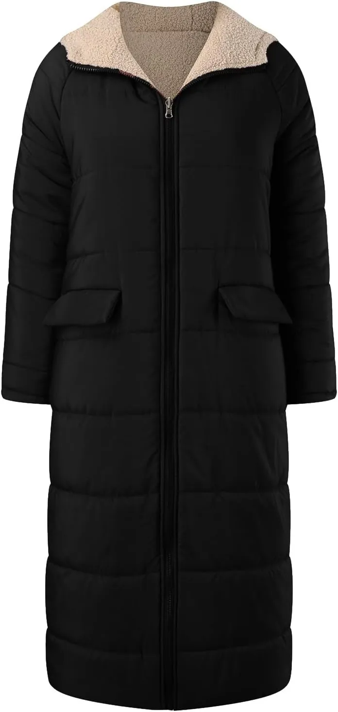 Womens Fashion Winter Down Coat Warm Casual Zip Up Puffer Jacket Fleece Hoodie Reversible Teddy Long Outdoor Outerwear