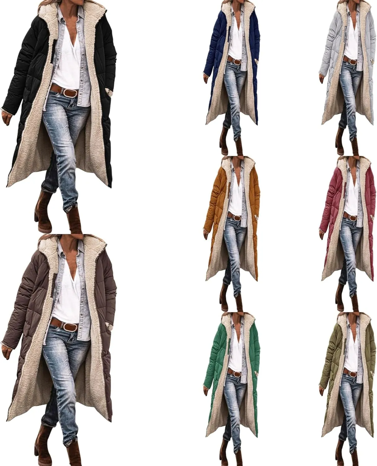 Womens Fashion Winter Down Coat Warm Casual Zip Up Puffer Jacket Fleece Hoodie Reversible Teddy Long Outdoor Outerwear