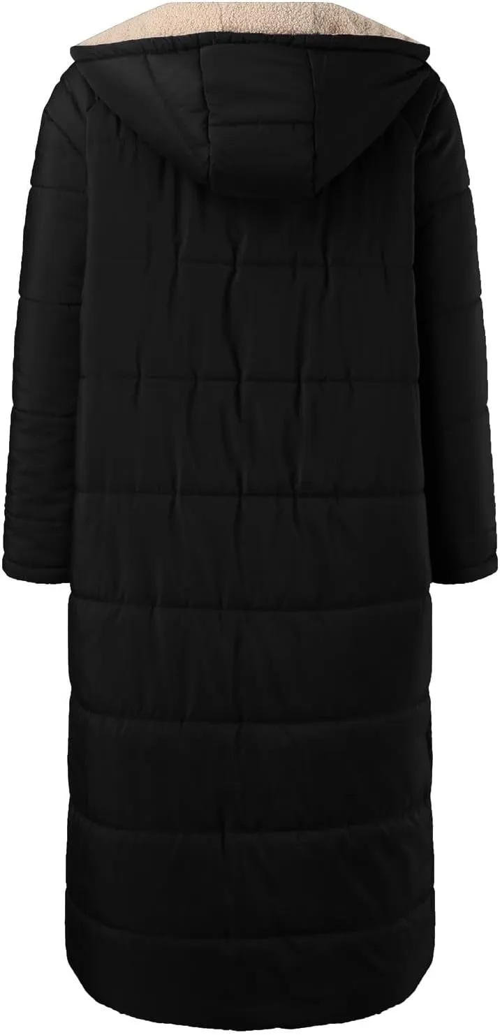 Womens Fashion Winter Down Coat Warm Casual Zip Up Puffer Jacket Fleece Hoodie Reversible Teddy Long Outdoor Outerwear
