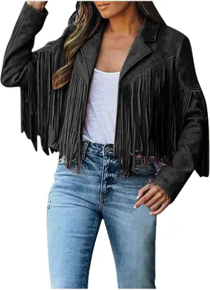Women's Faux Suede Tassel Jacket Trendy Fringe Coats Long Sleeve Moto Biker Open Front Cardigan Coat Outwear