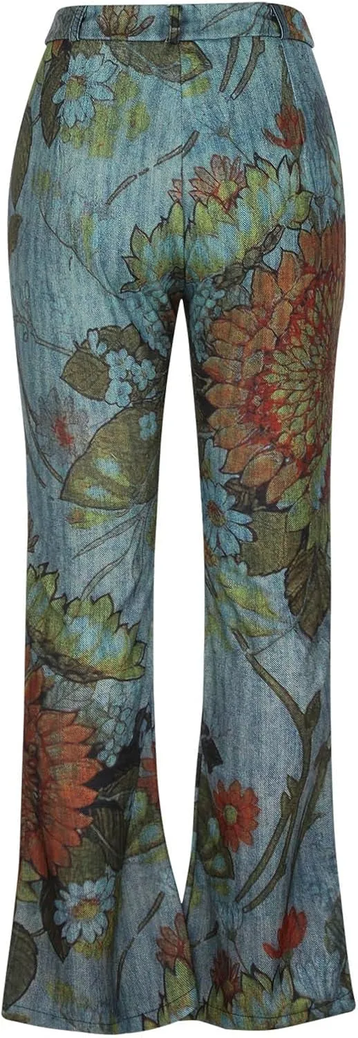 Womens Flare Denim Jeans Floral Embroidered High-Rise Bell Bottom Flare Jeans Stretch Skinny Fitted Denim Pants