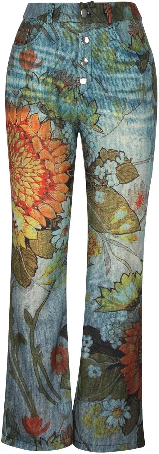 Womens Flare Denim Jeans Floral Embroidered High-Rise Bell Bottom Flare Jeans Stretch Skinny Fitted Denim Pants