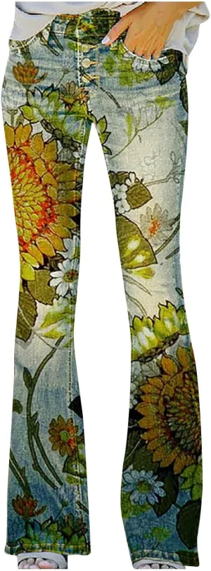Womens Flare Denim Jeans Floral Embroidered High-Rise Bell Bottom Flare Jeans Stretch Skinny Fitted Denim Pants