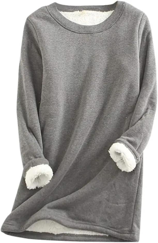 Womens Fleece Crewneck Sweatshirts Thermal Fleece Tops Round Neck Long Sleeve Pullover
