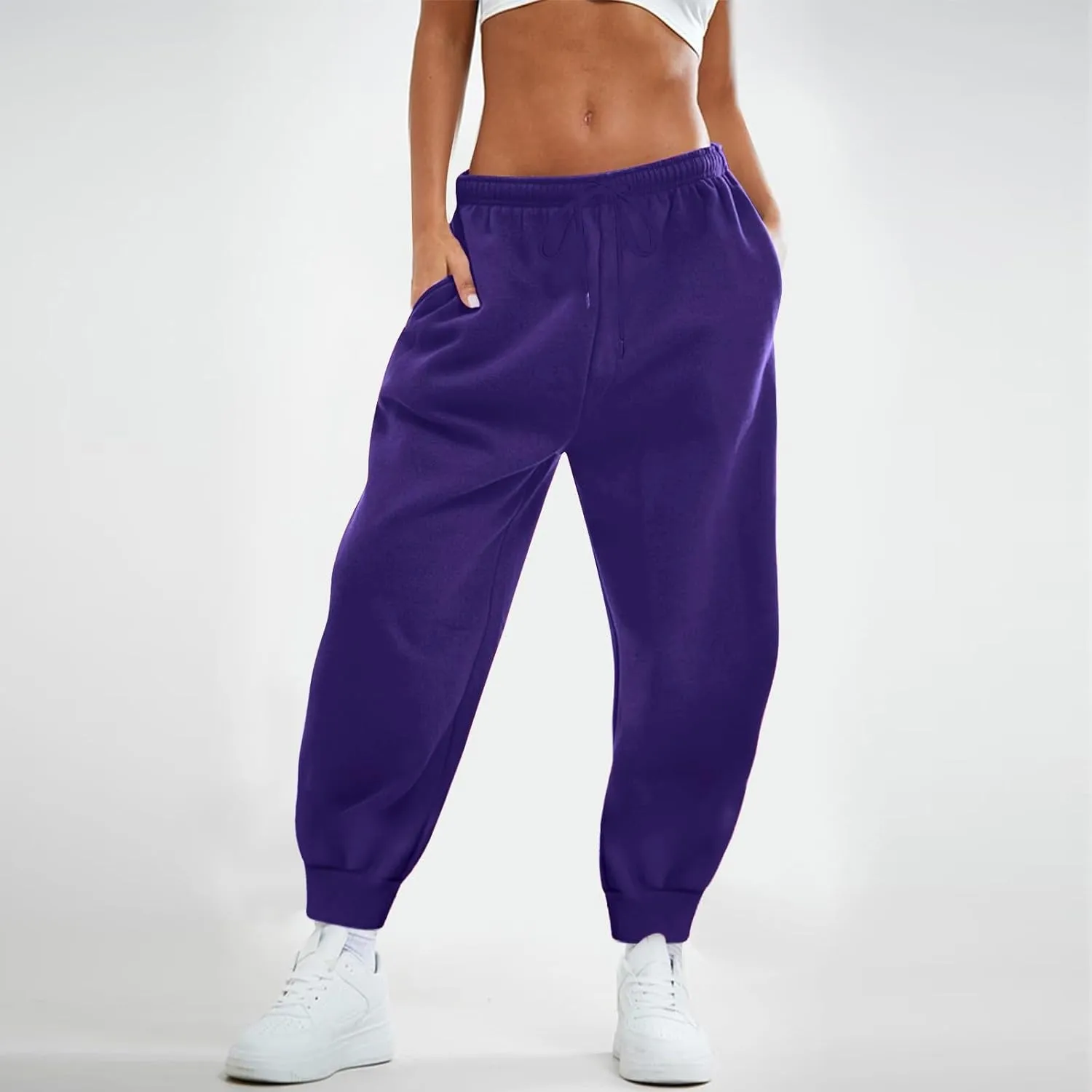 Womens Fleece High Waisted Sweatpants Drawstring Lounge Joggers Pants Mid Rise Workout Active Lounge with Pockets