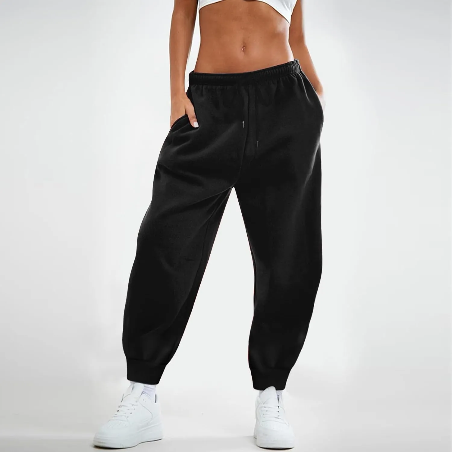 Womens Fleece High Waisted Sweatpants Drawstring Lounge Joggers Pants Mid Rise Workout Active Lounge with Pockets