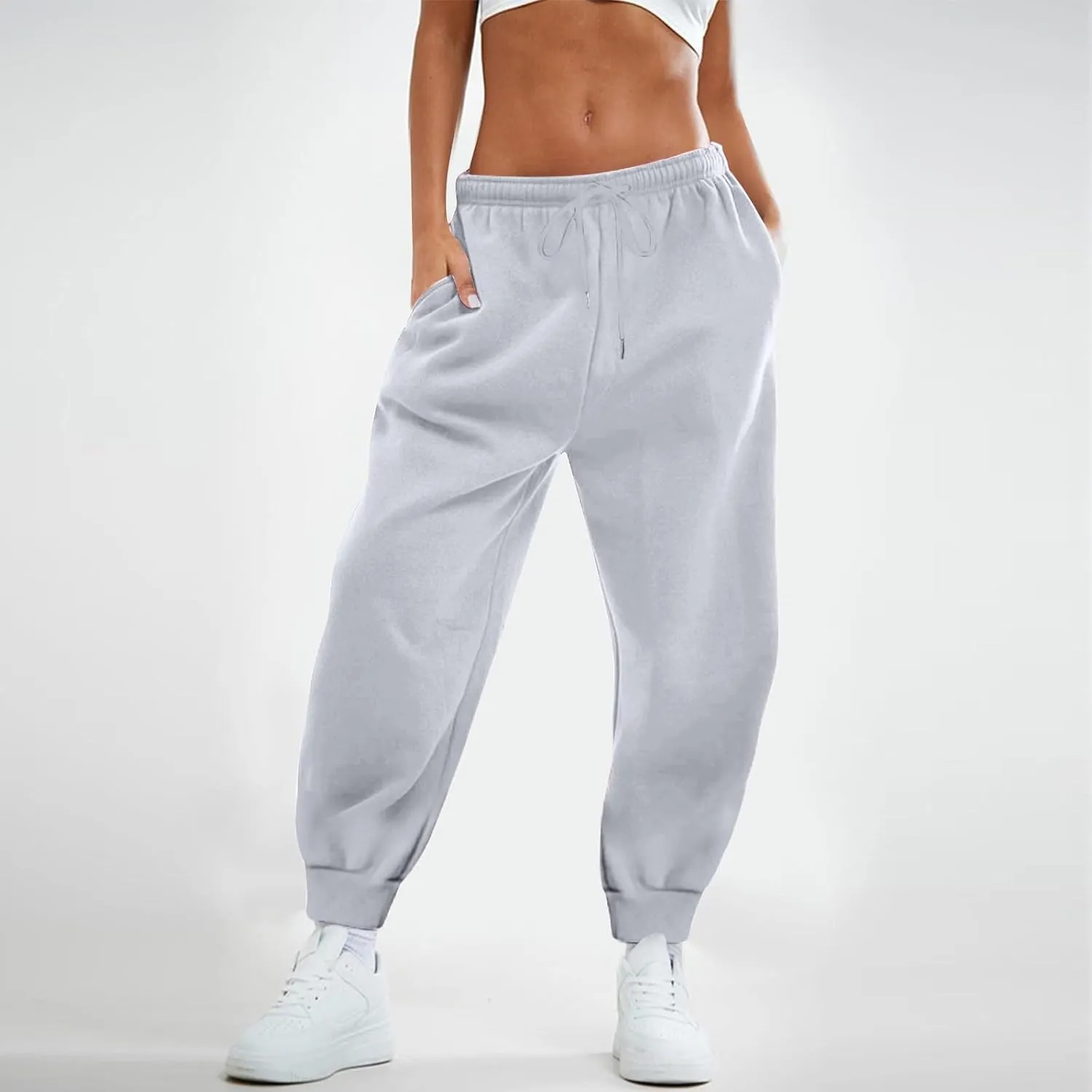 Womens Fleece High Waisted Sweatpants Drawstring Lounge Joggers Pants Mid Rise Workout Active Lounge with Pockets