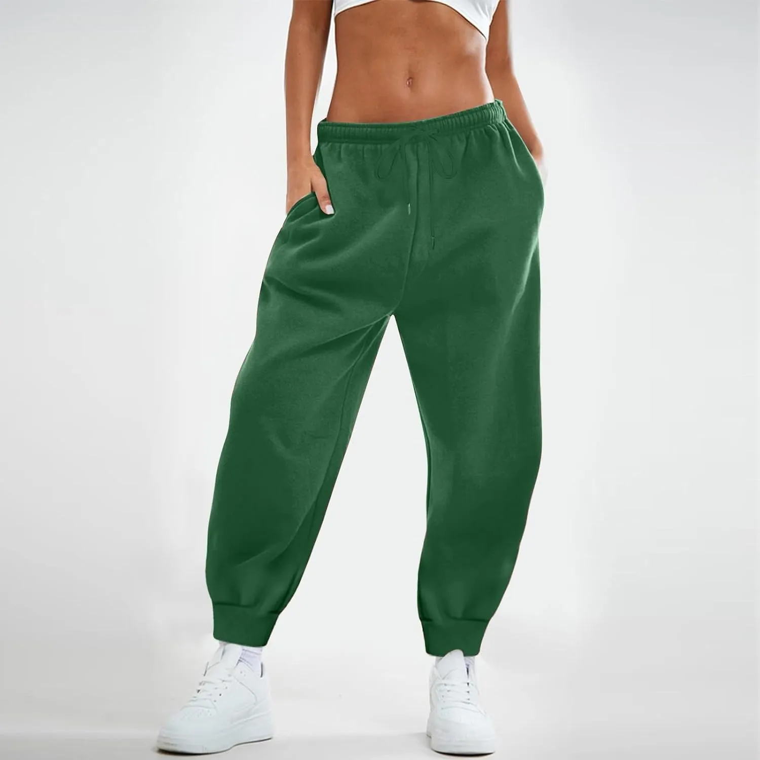Womens Fleece High Waisted Sweatpants Drawstring Lounge Joggers Pants Mid Rise Workout Active Lounge with Pockets