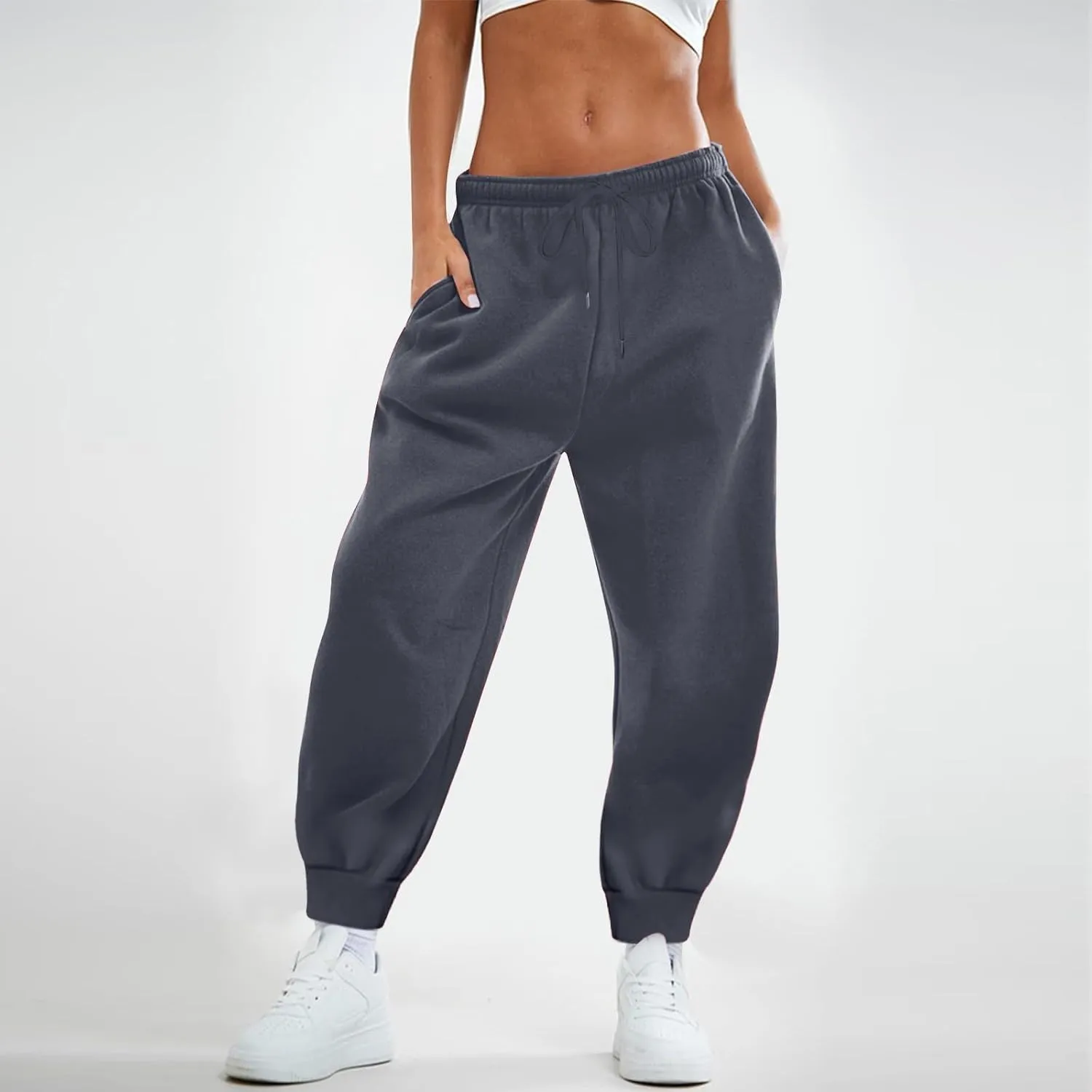 Womens Fleece High Waisted Sweatpants Drawstring Lounge Joggers Pants Mid Rise Workout Active Lounge with Pockets