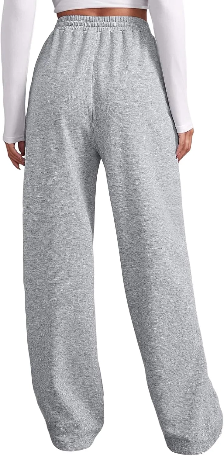 Women's Fleece Lined Sweatpants Casual Fall High Waisted Drawstring Baggy Wide Straight Leg Lounge Pants with Pockets