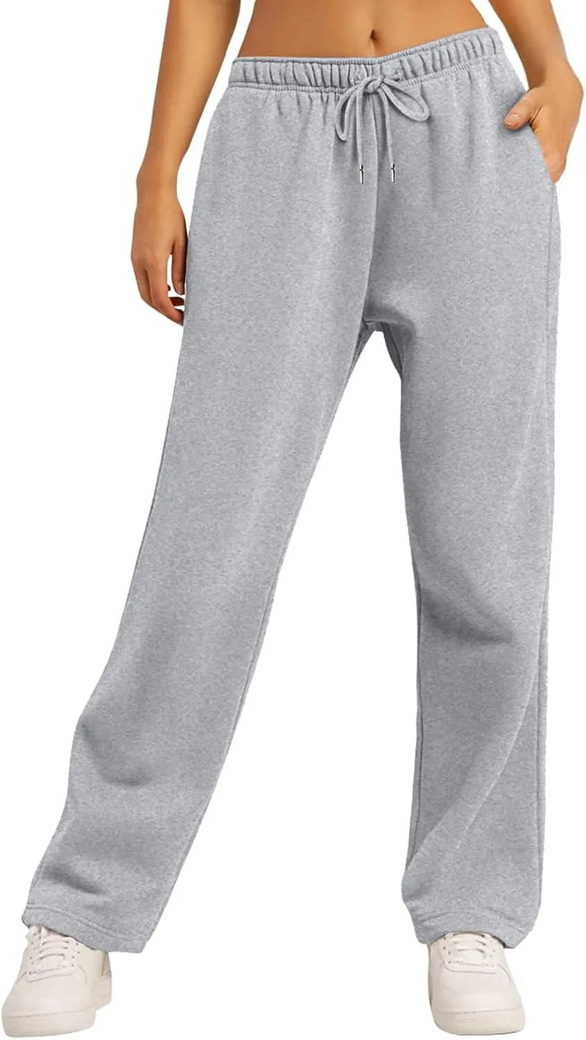 Women's Fleece Lined Sweatpants Casual Fall High Waisted Drawstring Baggy Wide Straight Leg Lounge Pants with Pockets