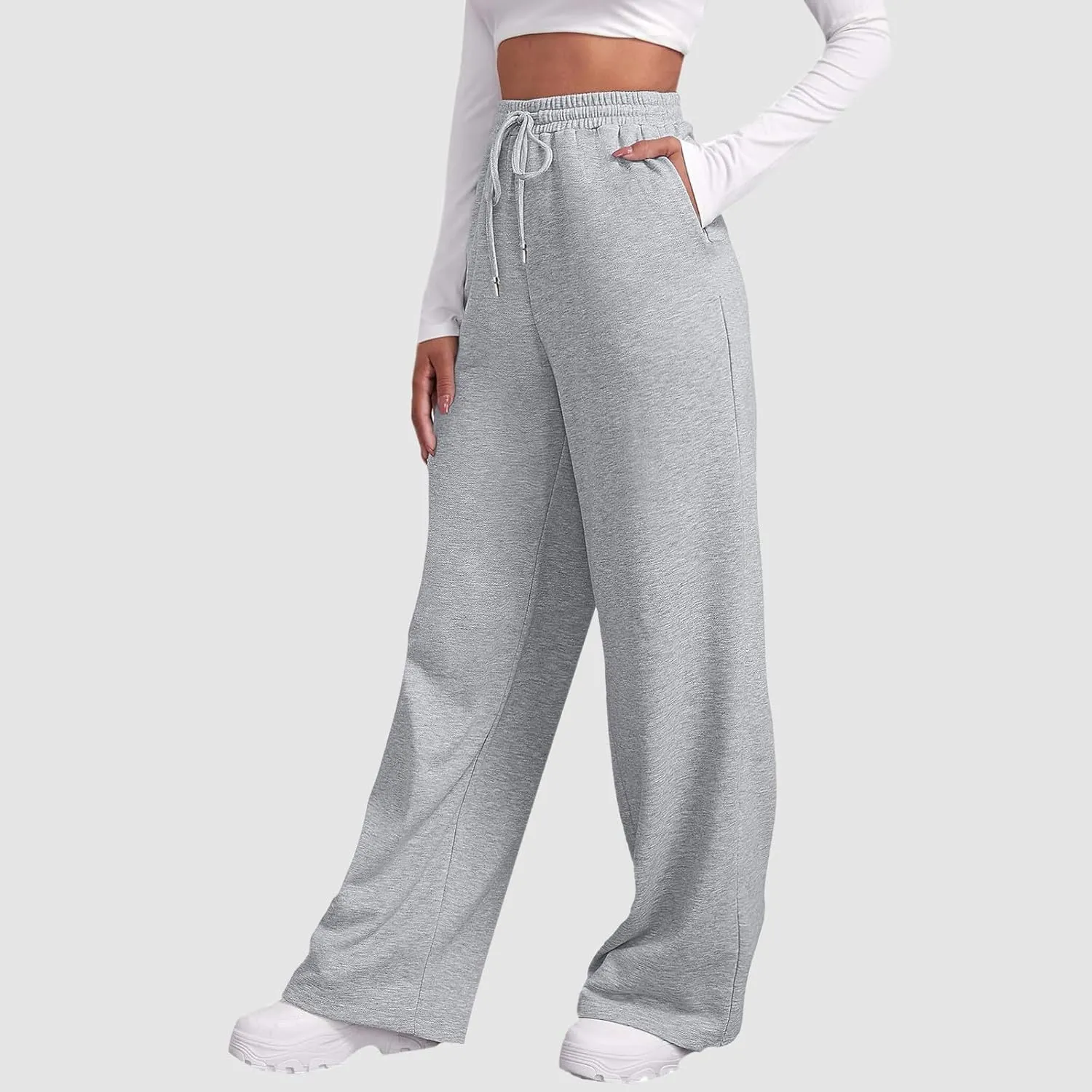 Women's Fleece Lined Sweatpants Casual Fall High Waisted Drawstring Baggy Wide Straight Leg Lounge Pants with Pockets