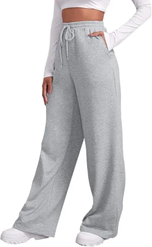 Women's Fleece Lined Sweatpants Casual Fall High Waisted Drawstring Baggy Wide Straight Leg Lounge Pants with Pockets
