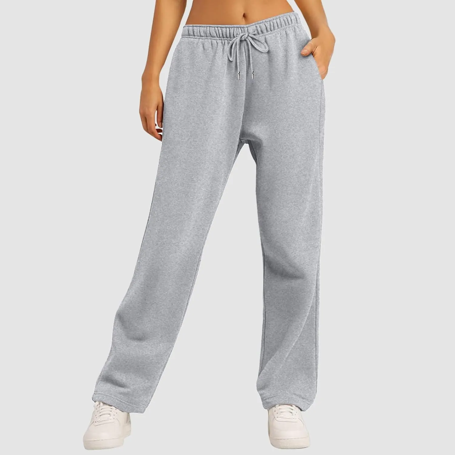 Women's Fleece Lined Sweatpants Casual Fall High Waisted Drawstring Baggy Wide Straight Leg Lounge Pants with Pockets