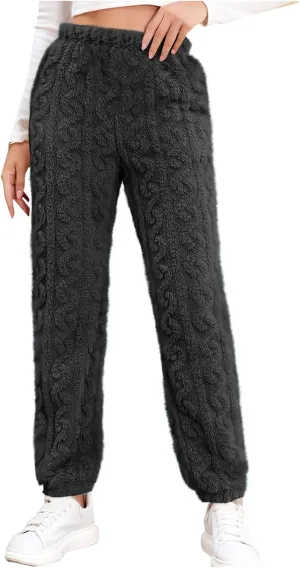 Women's Fleece Pajama Pants Fuzzy Cozy Thicken Warm Lounge Bottoms Elastic Waist Cuffed Trousers Solid Color Home Pant