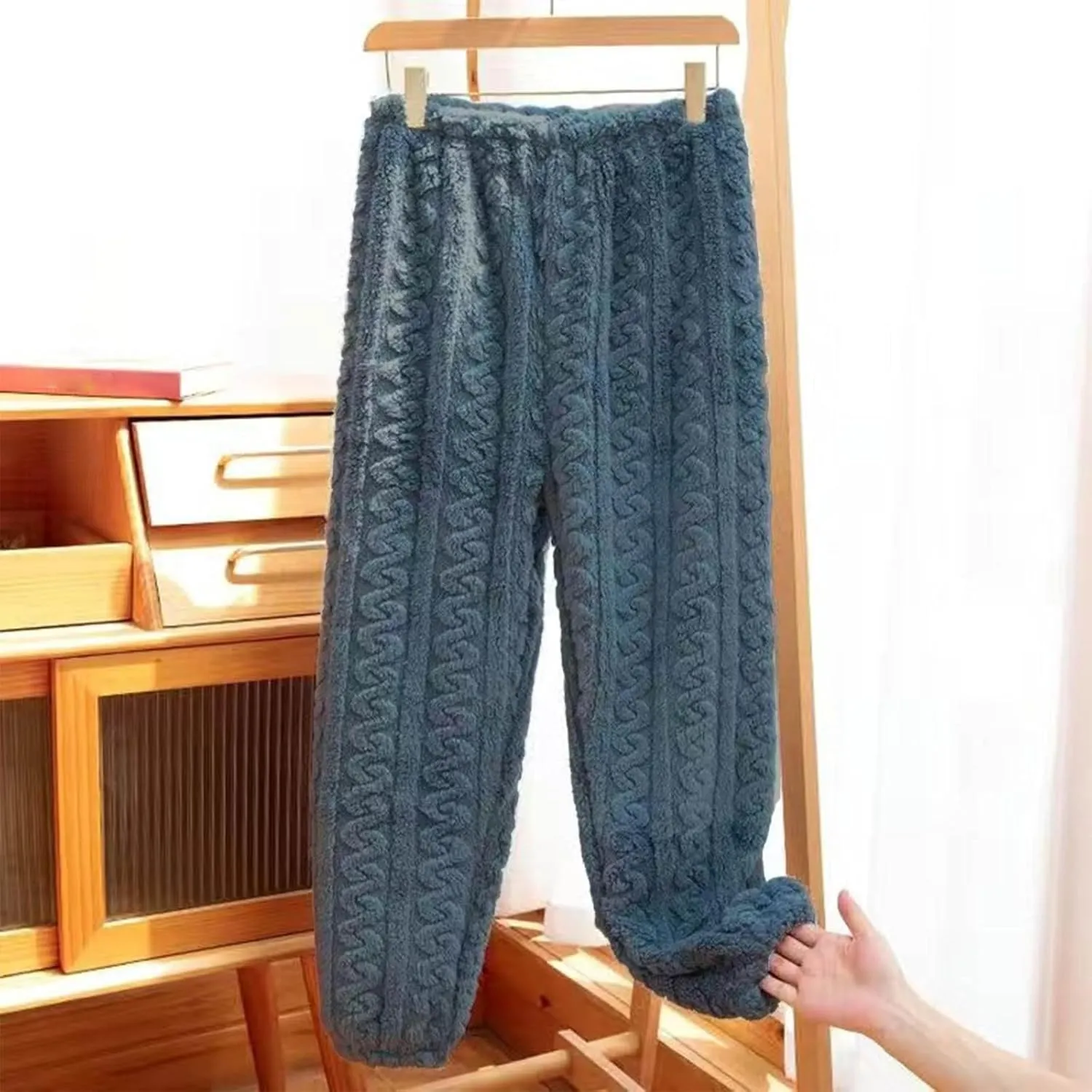 Women's Fleece Pajama Pants Fuzzy Cozy Thicken Warm Lounge Bottoms Elastic Waist Cuffed Trousers Solid Color Home Pant