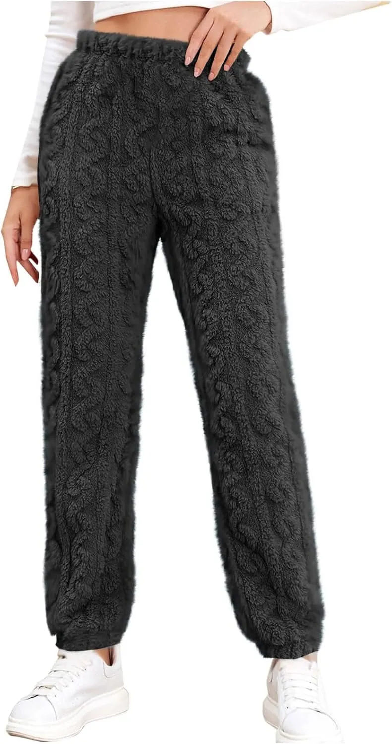 Women's Fleece Pajama Pants Fuzzy Cozy Thicken Warm Lounge Bottoms Elastic Waist Cuffed Trousers Solid Color Home Pant
