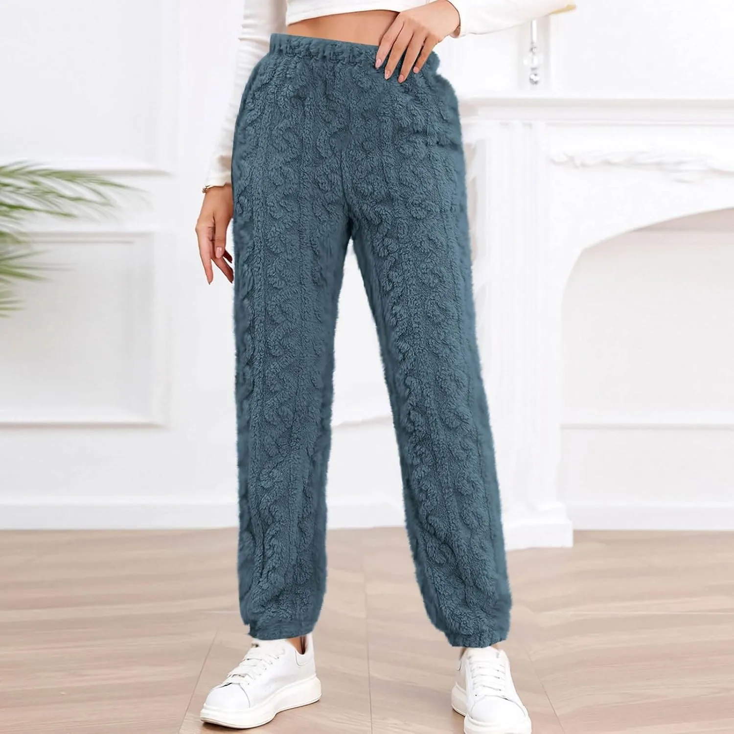 Women's Fleece Pajama Pants Fuzzy Cozy Thicken Warm Lounge Bottoms Elastic Waist Cuffed Trousers Solid Color Home Pant