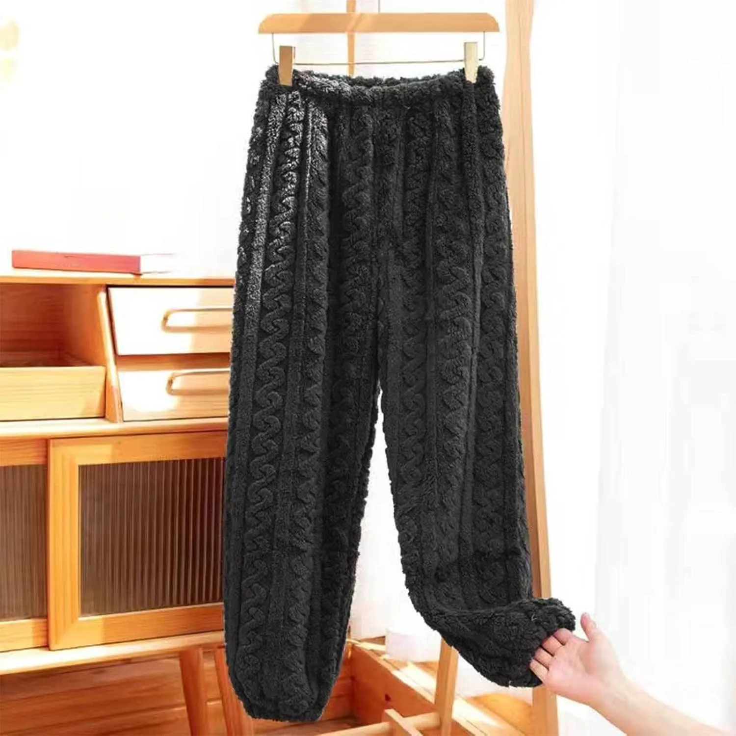 Women's Fleece Pajama Pants Fuzzy Cozy Thicken Warm Lounge Bottoms Elastic Waist Cuffed Trousers Solid Color Home Pant