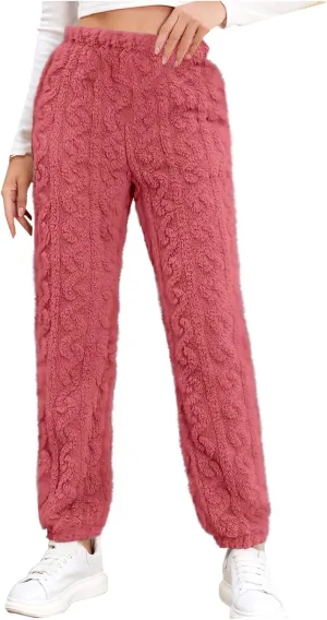Women's Fleece Pajama Pants Fuzzy Cozy Thicken Warm Lounge Bottoms Elastic Waist Cuffed Trousers Solid Color Home Pant