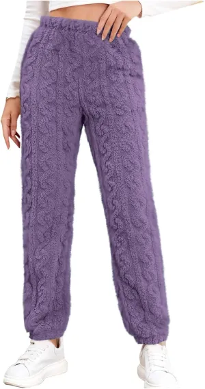 Women's Fleece Pajama Pants Fuzzy Cozy Thicken Warm Lounge Bottoms Elastic Waist Cuffed Trousers Solid Color Home Pant