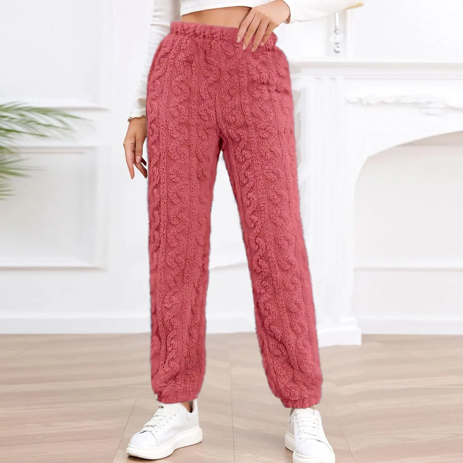 Women's Fleece Pajama Pants Fuzzy Cozy Thicken Warm Lounge Bottoms Elastic Waist Cuffed Trousers Solid Color Home Pant