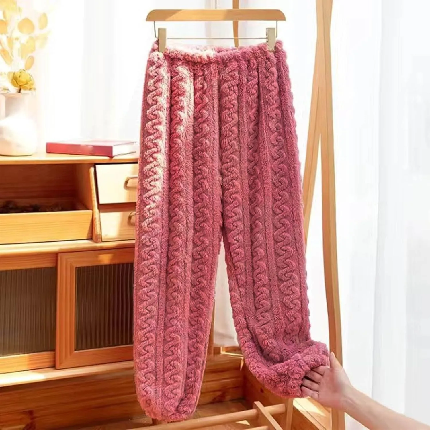 Women's Fleece Pajama Pants Fuzzy Cozy Thicken Warm Lounge Bottoms Elastic Waist Cuffed Trousers Solid Color Home Pant