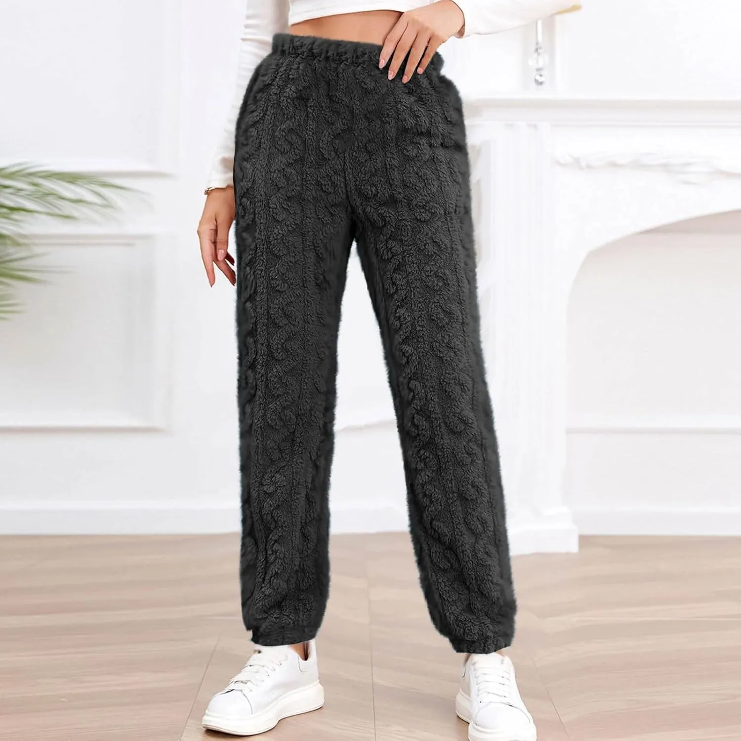 Women's Fleece Pajama Pants Fuzzy Cozy Thicken Warm Lounge Bottoms Elastic Waist Cuffed Trousers Solid Color Home Pant