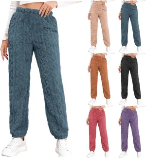 Women's Fleece Pajama Pants Fuzzy Cozy Thicken Warm Lounge Bottoms Elastic Waist Cuffed Trousers Solid Color Home Pant