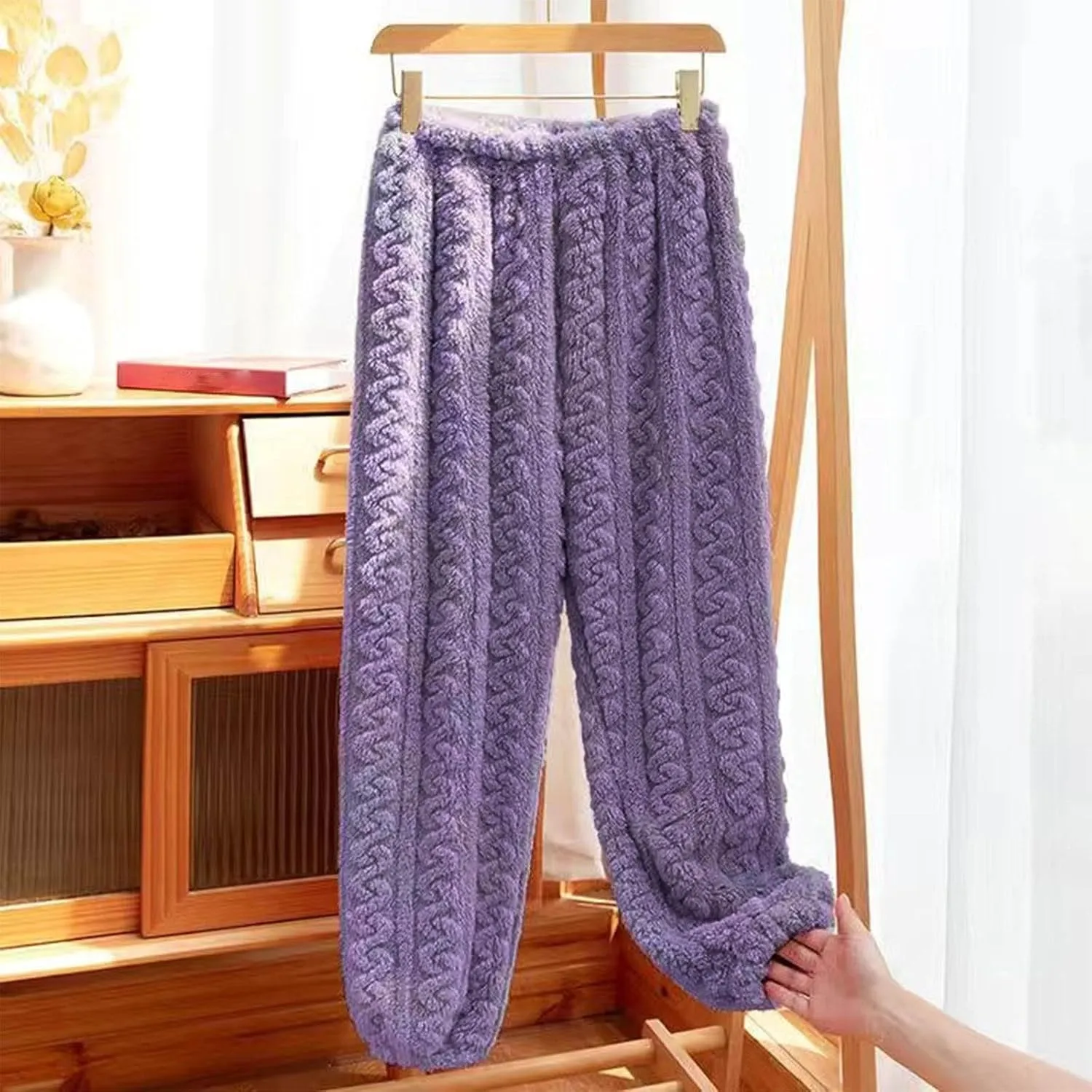 Women's Fleece Pajama Pants Fuzzy Cozy Thicken Warm Lounge Bottoms Elastic Waist Cuffed Trousers Solid Color Home Pant