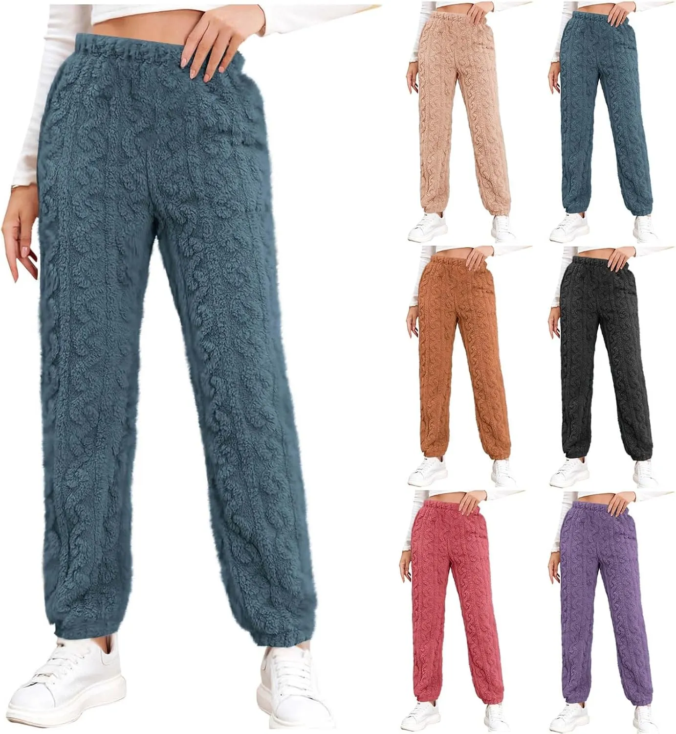 Women's Fleece Pajama Pants Fuzzy Cozy Thicken Warm Lounge Bottoms Elastic Waist Cuffed Trousers Solid Color Home Pant