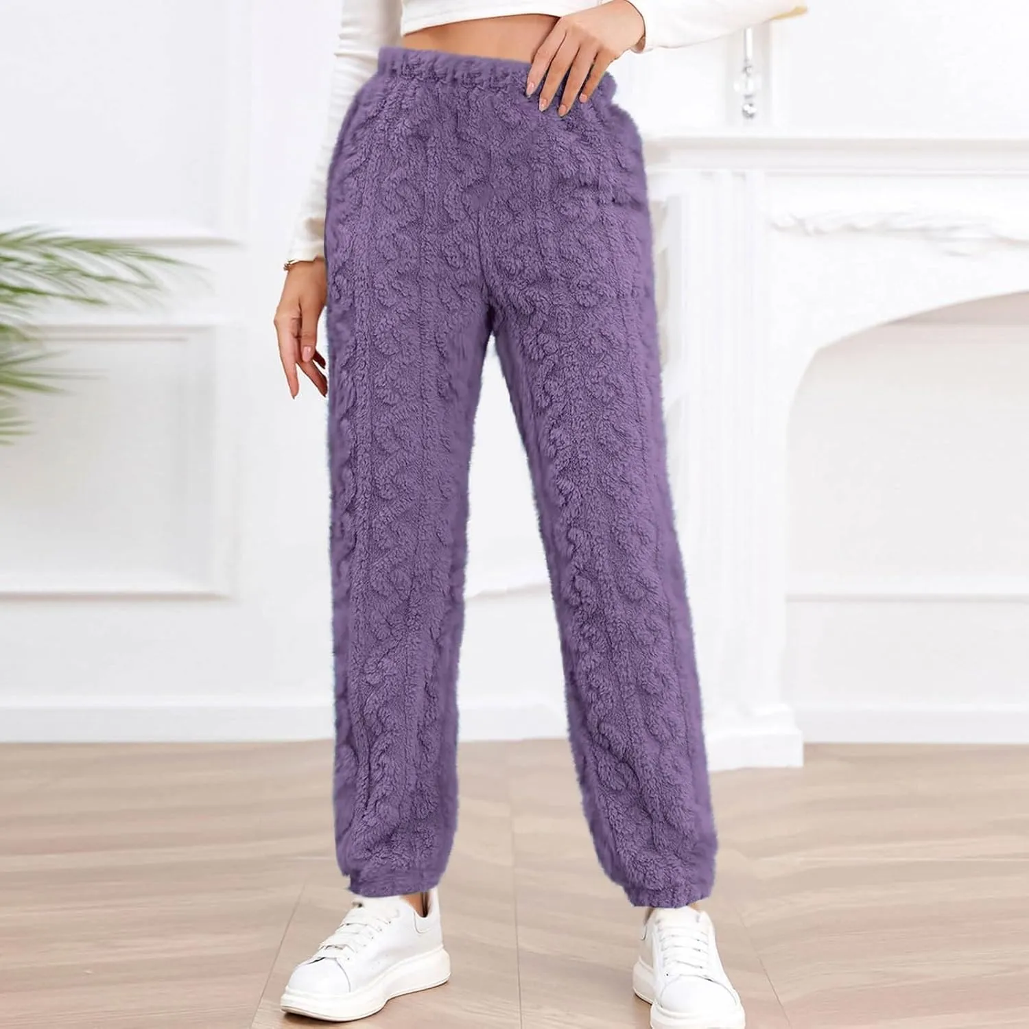 Women's Fleece Pajama Pants Fuzzy Cozy Thicken Warm Lounge Bottoms Elastic Waist Cuffed Trousers Solid Color Home Pant