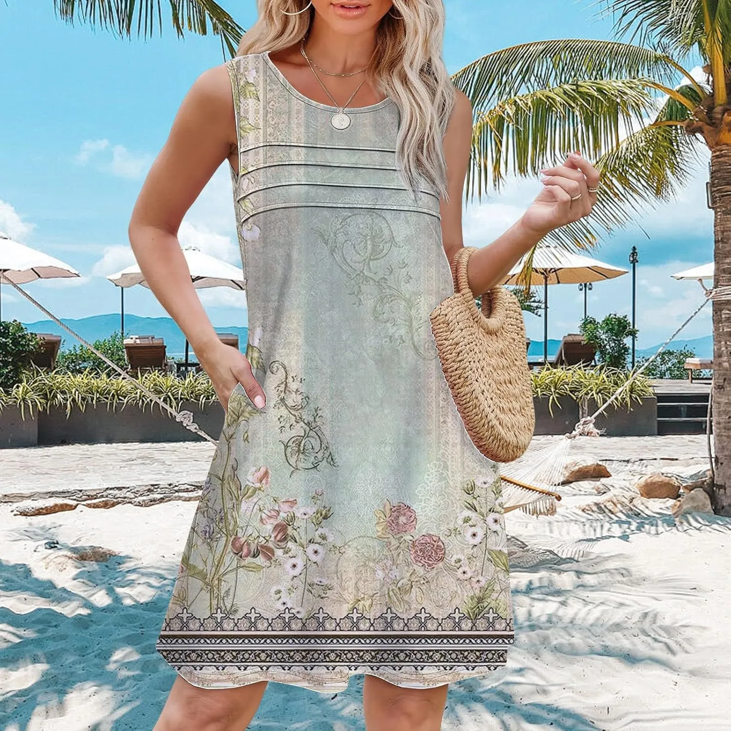 Womens Floral Dress Womens with Pockets Summer Casual Tank Dress Sleeveless Midi Beach Dress Summer Linen Dress 100