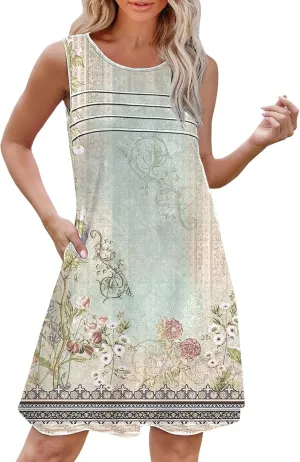 Womens Floral Dress Womens with Pockets Summer Casual Tank Dress Sleeveless Midi Beach Dress Summer Linen Dress 100