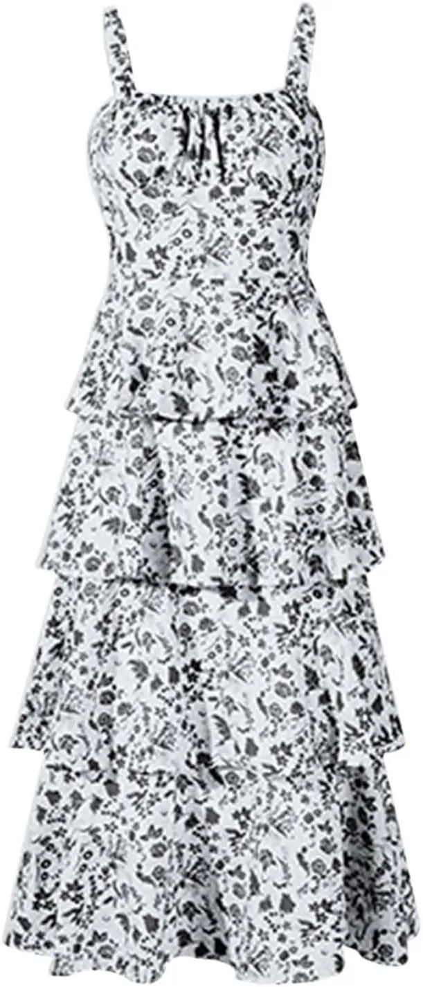 Womens Floral Maxi Dresses Spaghetti Strap Ruffle Flowy Tiered Bridesmaid Graduation 2025 Sundresses Hawaiian Wear