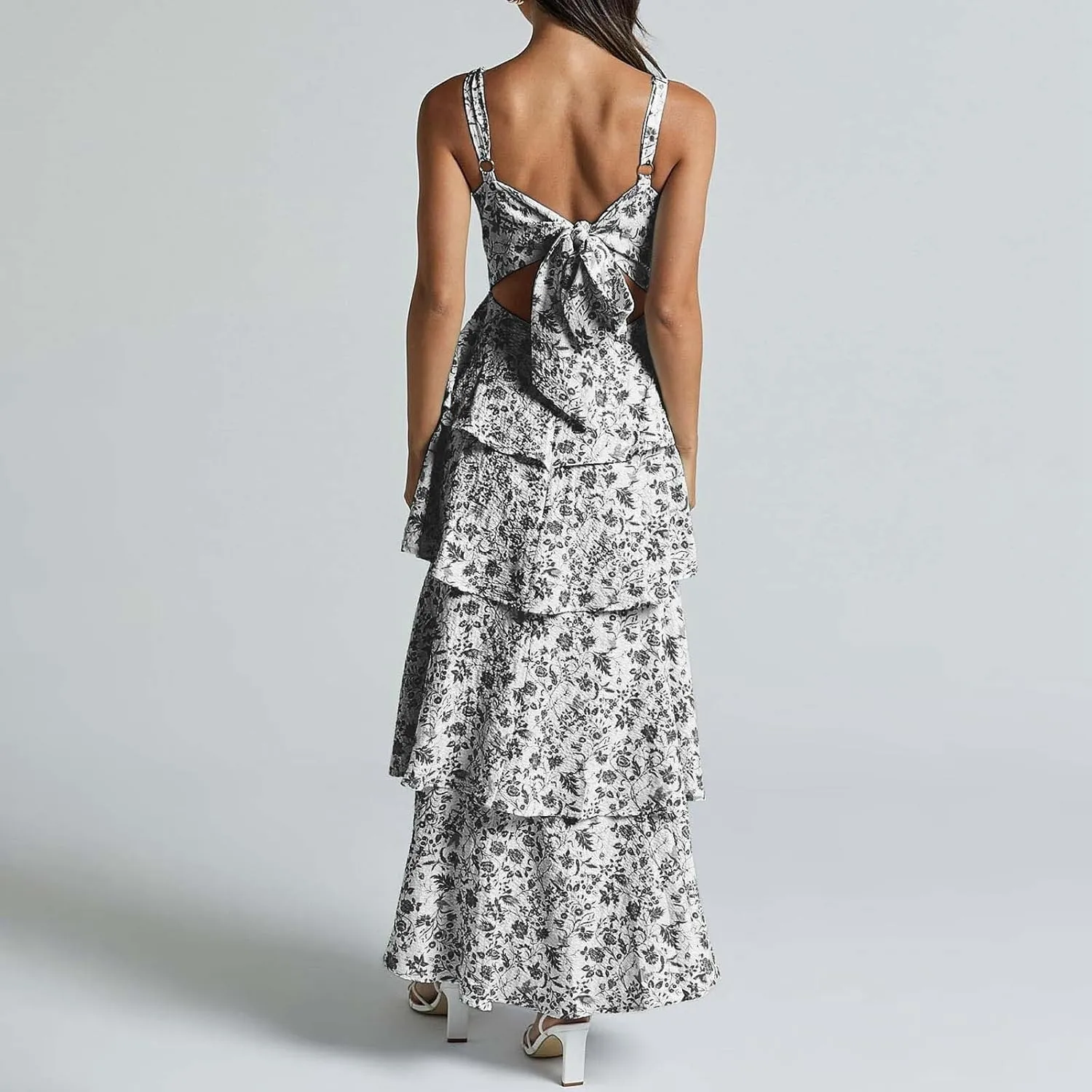 Womens Floral Maxi Dresses Spaghetti Strap Ruffle Flowy Tiered Bridesmaid Graduation 2025 Sundresses Hawaiian Wear