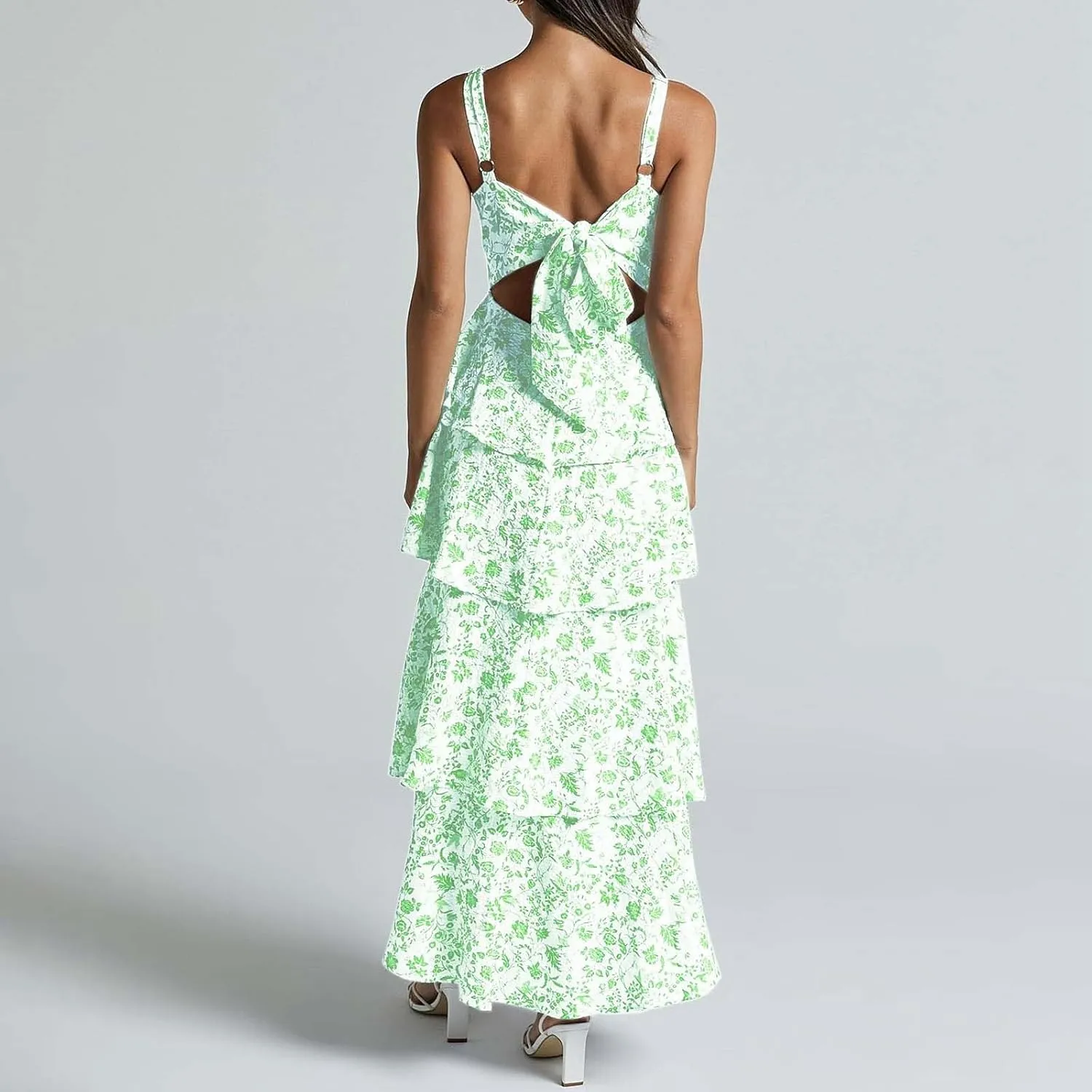 Womens Floral Maxi Dresses Spaghetti Strap Ruffle Flowy Tiered Bridesmaid Graduation 2025 Sundresses Hawaiian Wear