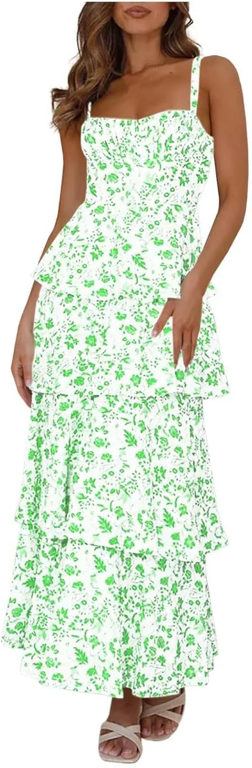 Womens Floral Maxi Dresses Spaghetti Strap Ruffle Flowy Tiered Bridesmaid Graduation 2025 Sundresses Hawaiian Wear