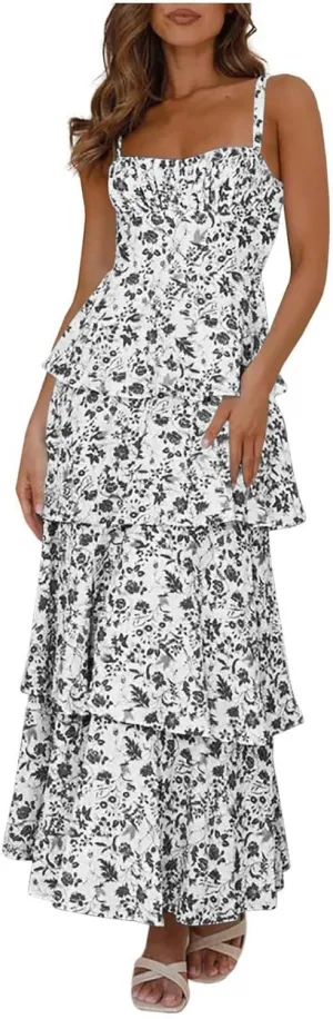 Womens Floral Maxi Dresses Spaghetti Strap Ruffle Flowy Tiered Bridesmaid Graduation 2025 Sundresses Hawaiian Wear