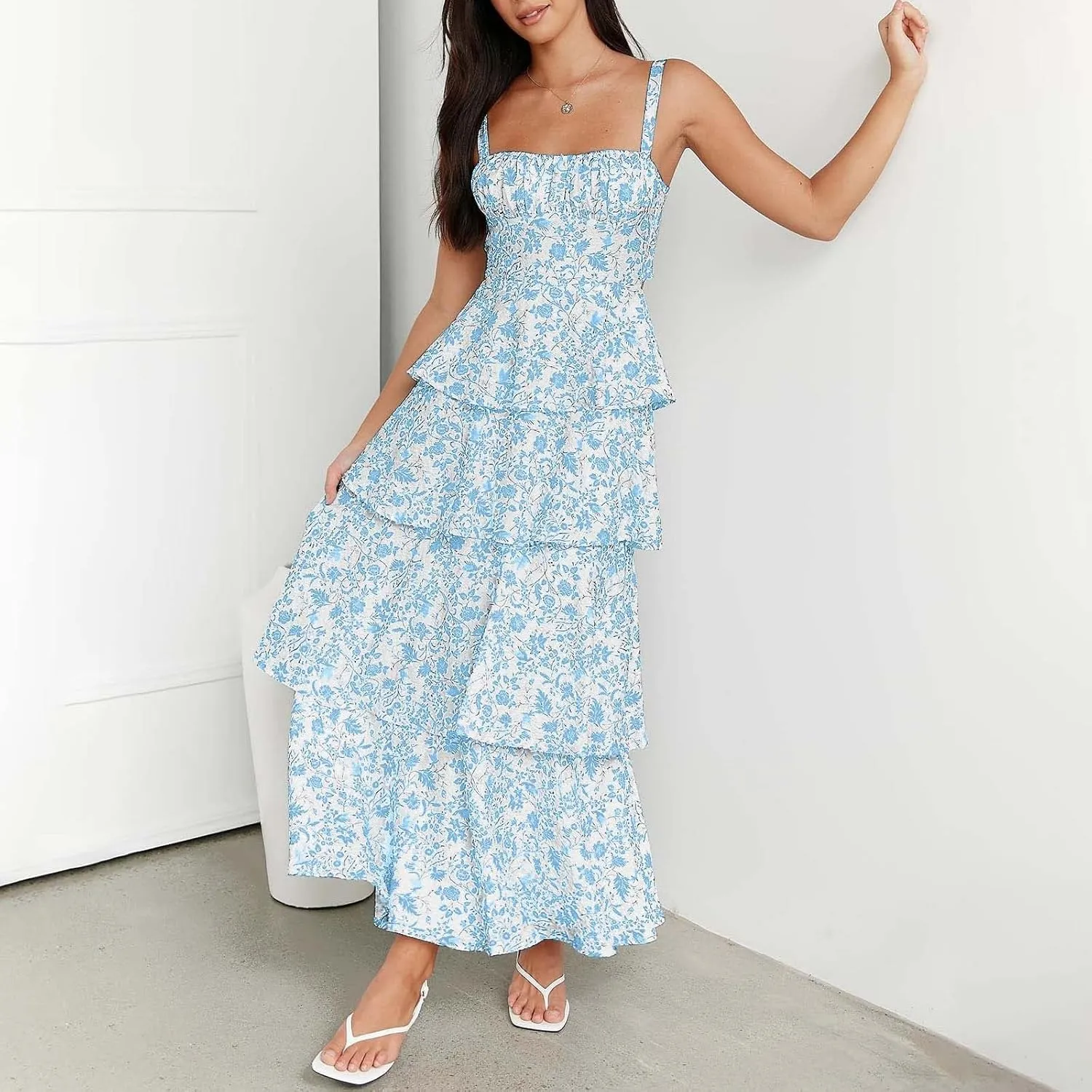 Womens Floral Maxi Dresses Spaghetti Strap Ruffle Flowy Tiered Bridesmaid Graduation 2025 Sundresses Hawaiian Wear