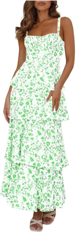Womens Floral Maxi Dresses Spaghetti Strap Ruffle Flowy Tiered Bridesmaid Graduation 2025 Sundresses Hawaiian Wear
