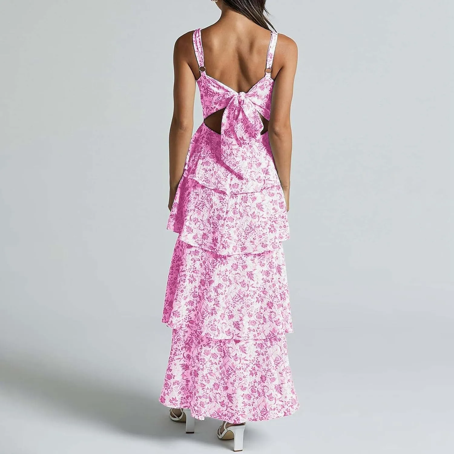 Womens Floral Maxi Dresses Spaghetti Strap Ruffle Flowy Tiered Bridesmaid Graduation 2025 Sundresses Hawaiian Wear