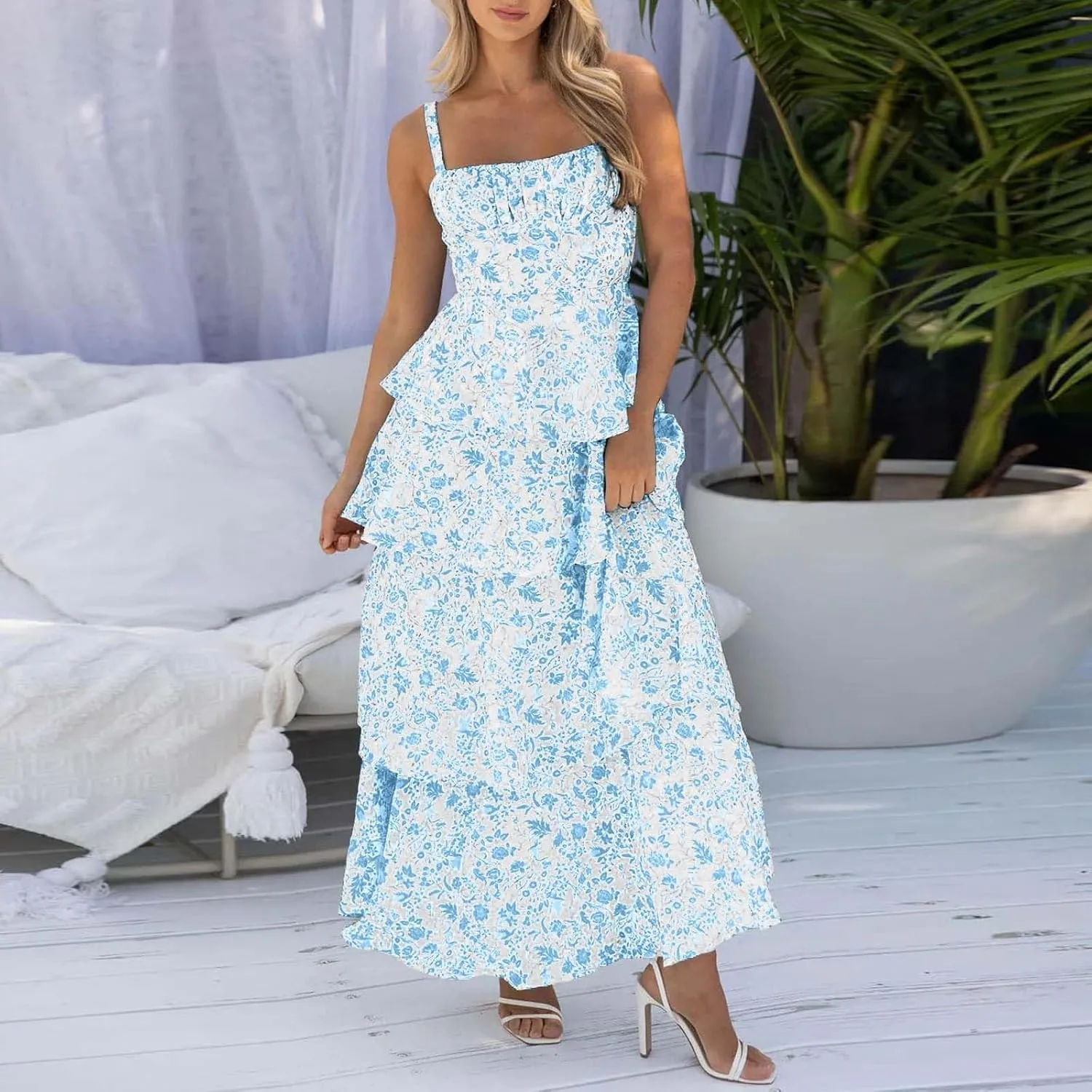Womens Floral Maxi Dresses Spaghetti Strap Ruffle Flowy Tiered Bridesmaid Graduation 2025 Sundresses Hawaiian Wear
