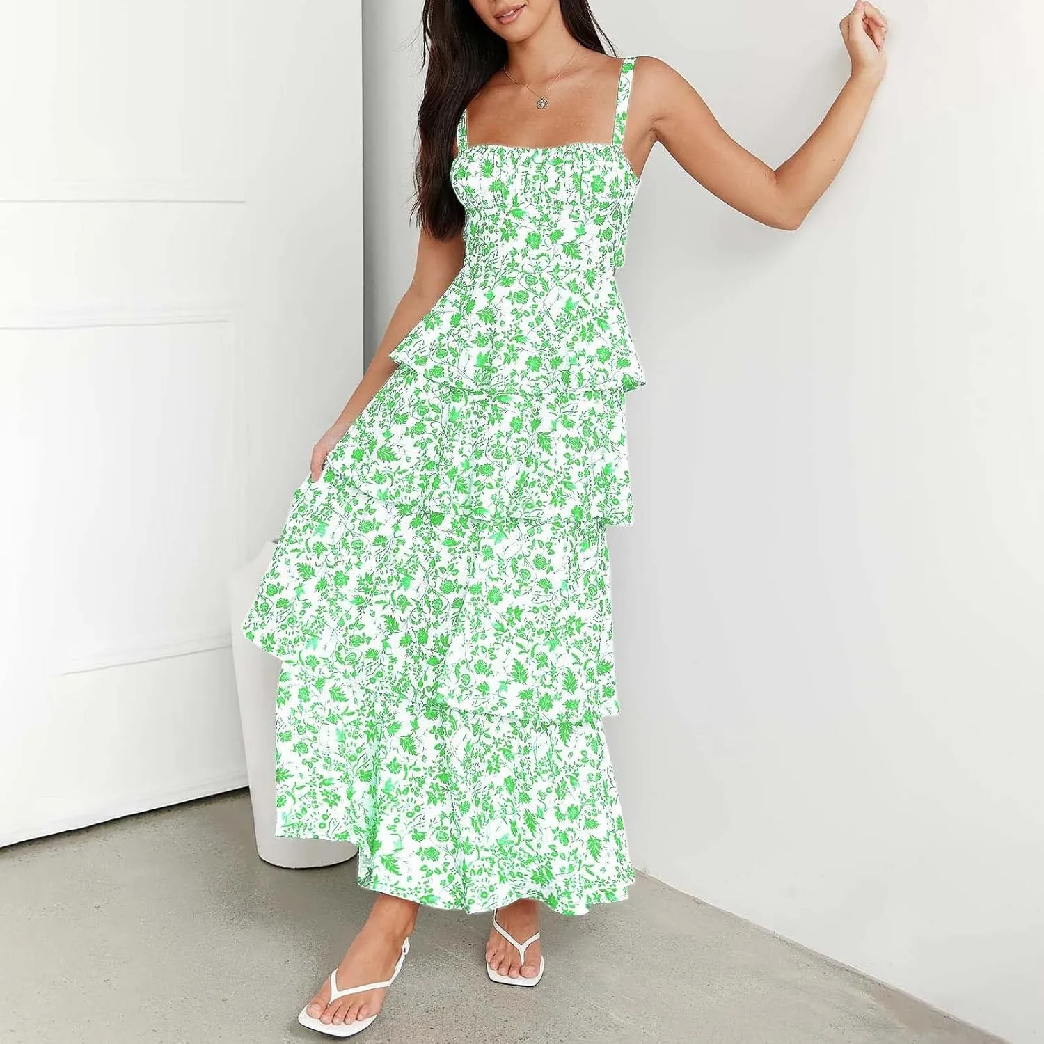 Womens Floral Maxi Dresses Spaghetti Strap Ruffle Flowy Tiered Bridesmaid Graduation 2025 Sundresses Hawaiian Wear