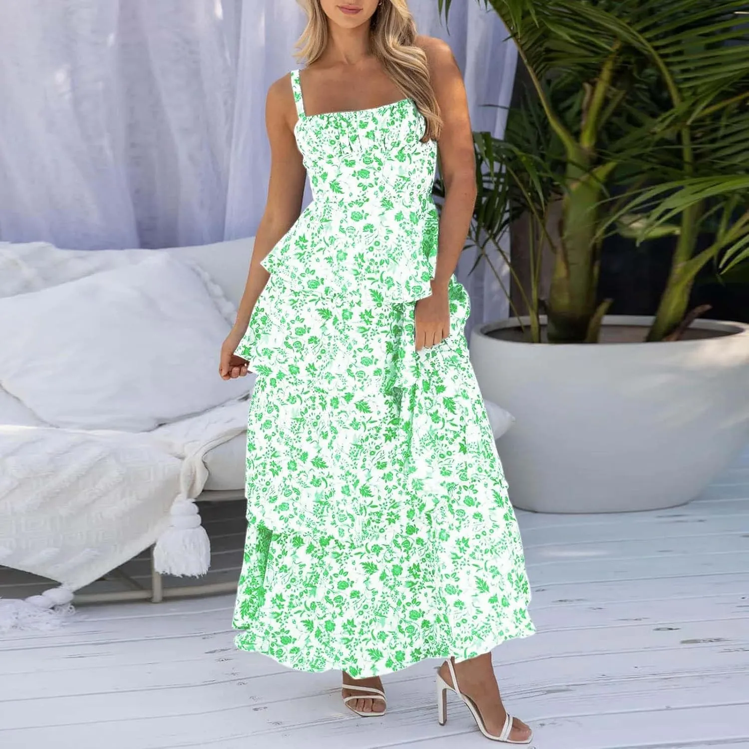 Womens Floral Maxi Dresses Spaghetti Strap Ruffle Flowy Tiered Bridesmaid Graduation 2025 Sundresses Hawaiian Wear