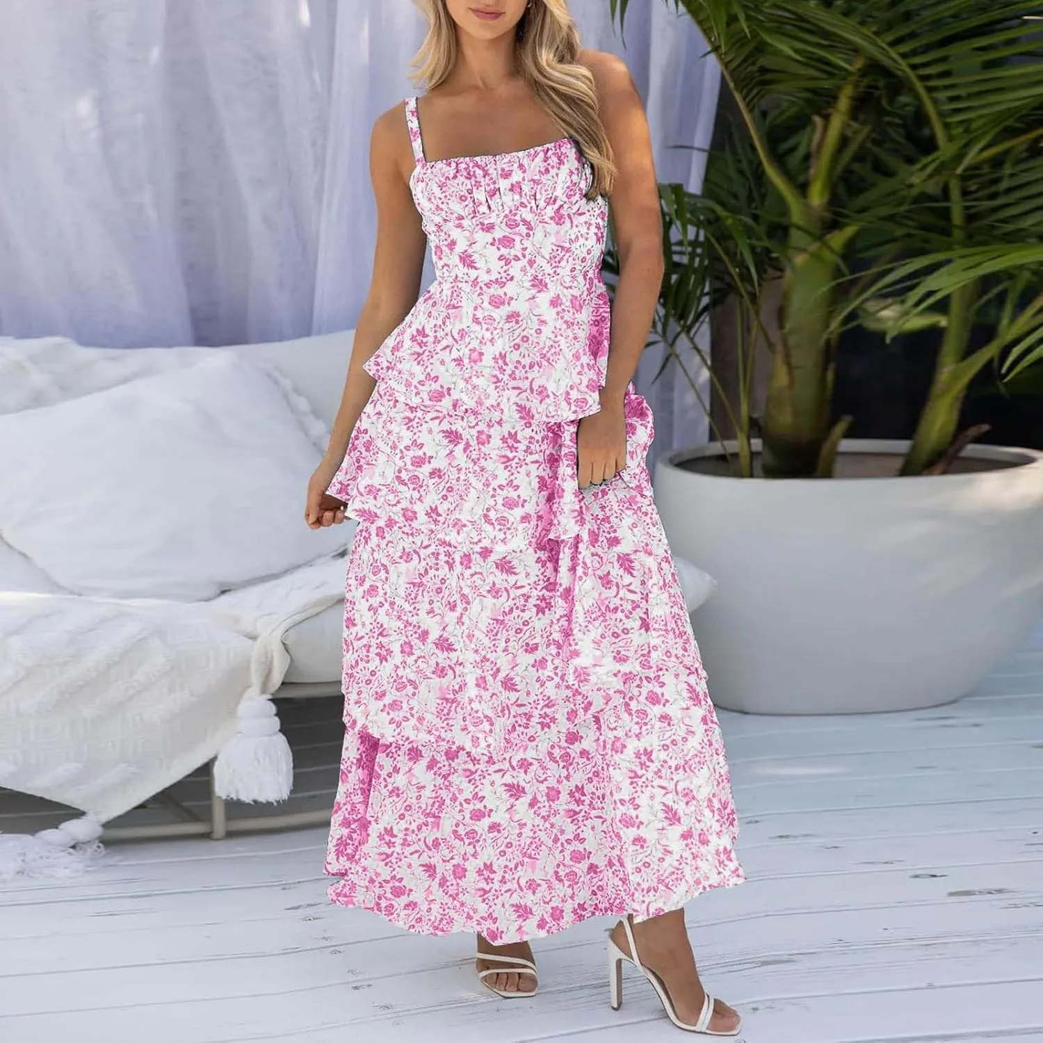 Womens Floral Maxi Dresses Spaghetti Strap Ruffle Flowy Tiered Bridesmaid Graduation 2025 Sundresses Hawaiian Wear