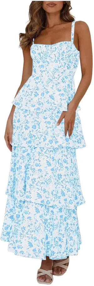 Womens Floral Maxi Dresses Spaghetti Strap Ruffle Flowy Tiered Bridesmaid Graduation 2025 Sundresses Hawaiian Wear