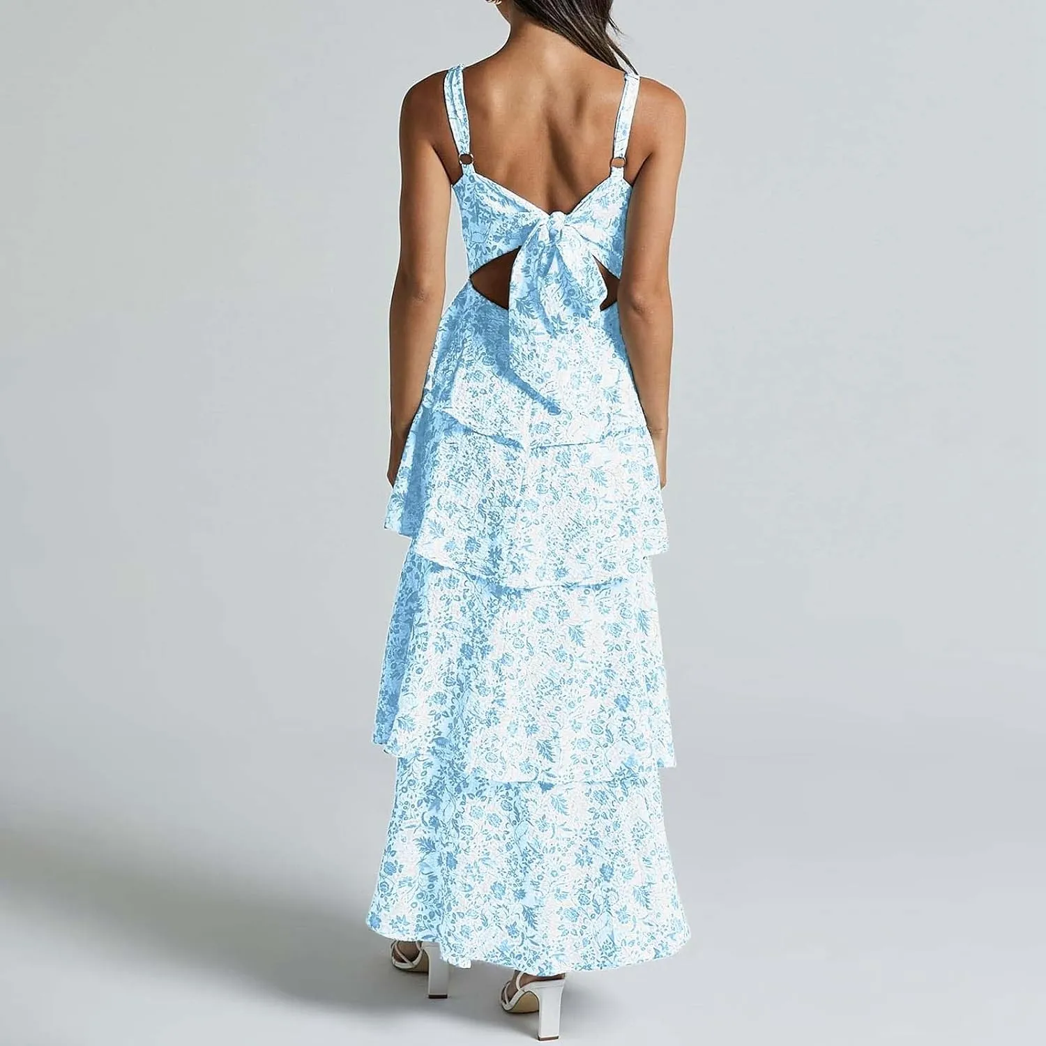 Womens Floral Maxi Dresses Spaghetti Strap Ruffle Flowy Tiered Bridesmaid Graduation 2025 Sundresses Hawaiian Wear