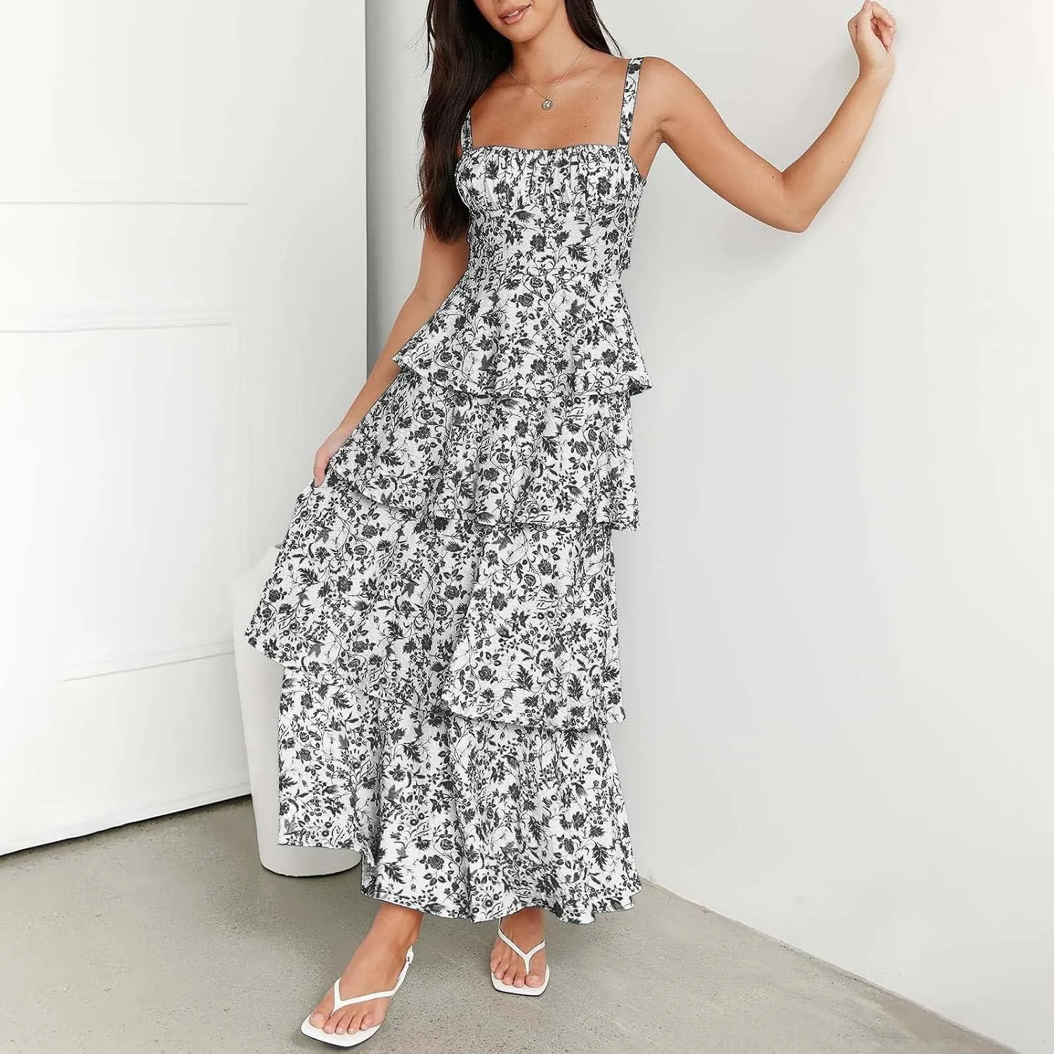 Womens Floral Maxi Dresses Spaghetti Strap Ruffle Flowy Tiered Bridesmaid Graduation 2025 Sundresses Hawaiian Wear