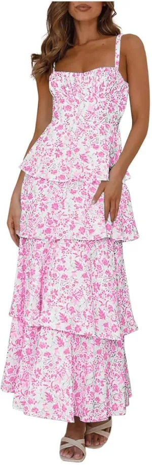 Womens Floral Maxi Dresses Spaghetti Strap Ruffle Flowy Tiered Bridesmaid Graduation 2025 Sundresses Hawaiian Wear